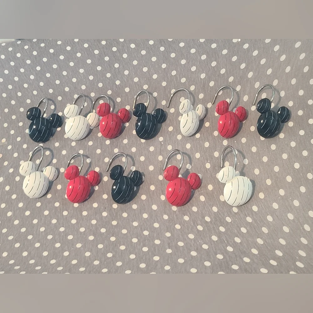 Mickey Mouse Ears Shower Curtain Hooks Stripe Colors Red, Black, White set of 12
